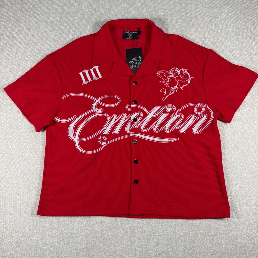 Mixed Emotion Mens Red Waffle Knit Short Sleeve Button Down Shirt Cherub Large